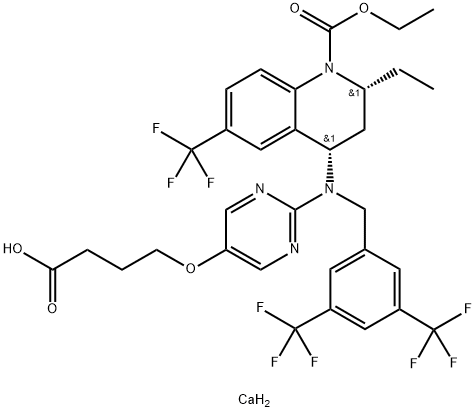 1(2H)-Quinolinecarboxylic acid, 4-[[[3,5-bis(trifluoromethyl)phenyl]methyl][5-(3-carboxypropoxy)-2-pyrimidinyl]amino]-2-ethyl-3,4-dihydro-6-(trifluoromethyl)-, 1-ethyl ester, calcium salt (2:1), (2R,4S)- Struktur