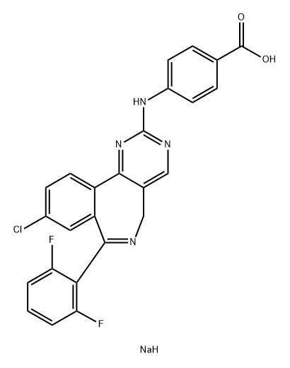 Benzoic acid, 4-[[9-chloro-7-(2,6-difluorophenyl)-5H-pyrimido[5,4-d][2]benzazepin-2-yl]amino]-, sodium salt (1:1) Struktur