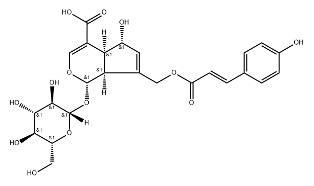 Cyclopenta[c]pyran-4-carboxylic acid, 1-(β-D-glucopyranosyloxy)-1,4a,5,7a-tetrahydro-5-hydroxy-7-[[[(2E)-3-(4-hydroxyphenyl)-1-oxo-2-propen-1-yl]oxy]methyl]-, (1S,4aS,5R,7aS)- Struktur