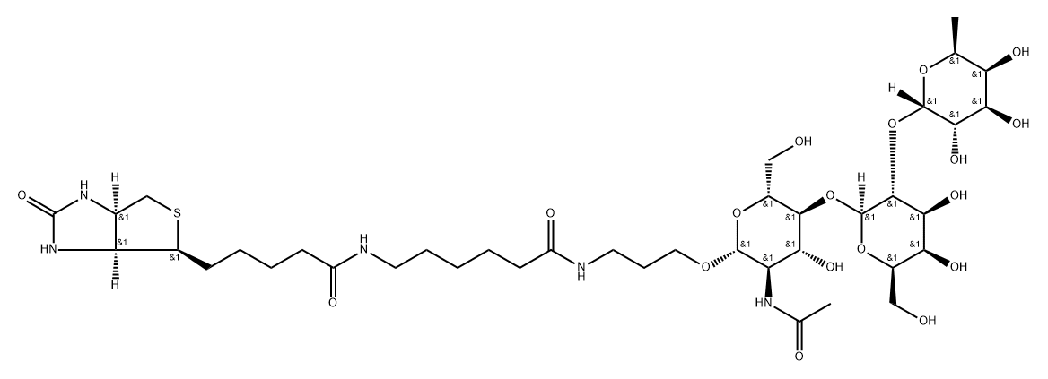 (3aS,4S,6aR)-N-[6-[[3-[[O-6-Deoxy-alpha-L-galactopyranosyl-(1-2)-O-beta-D-galactopyranosyl-(1-4)-2-(acetylamino)-2-deoxy-beta-D-glucopyranosyl]oxy]propyl]amino]-6-oxohexyl]hexahydro-2-oxo-1H-thieno[3,4-d]imidazole-4-pentanamide Struktur