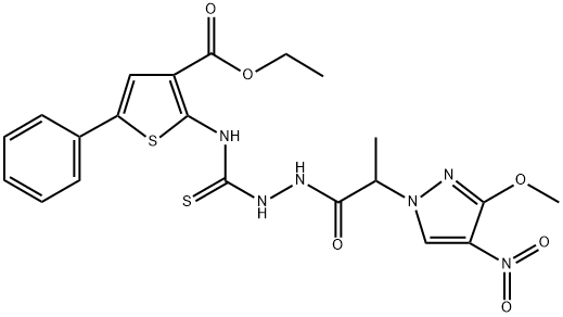 ethyl 2-(2-(2-(3-methoxy-4-nitro-1H-pyrazol-1-yl)propanoyl)hydrazinecarbothioamido)-5-phenylthiophene-3-carboxylate Struktur