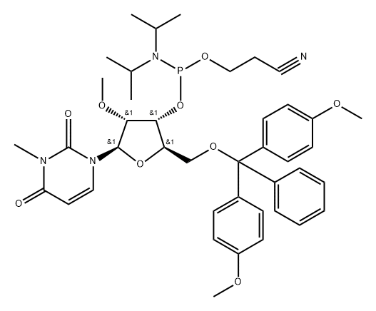 Uridine, 5'-?O-?[bis(4-?methoxyphenyl)?phenylmethyl]?-?3-?methyl-?2'-?O-?methyl-?, 3'-?[2-?cyanoethyl bis(1-?methylethyl)?phosphoramidite] (9CI) Struktur