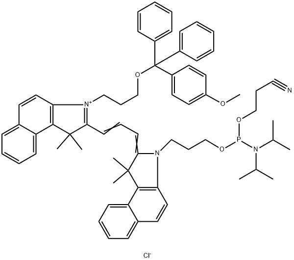 1H-Benz[e]indolium, 2-[3-[3-[3-[[[bis(1-methylethyl)amino](2-cyanoethoxy)phosphino]oxy]propyl]-1,3-dihydro-1,1-dimethyl-2H-benz[e]indol-2-ylidene]-1-propen-1-yl]-3-[3-[(4-methoxyphenyl)diphenylmethoxy]propyl]-1,1-dimethyl-, chloride (1:1) Struktur