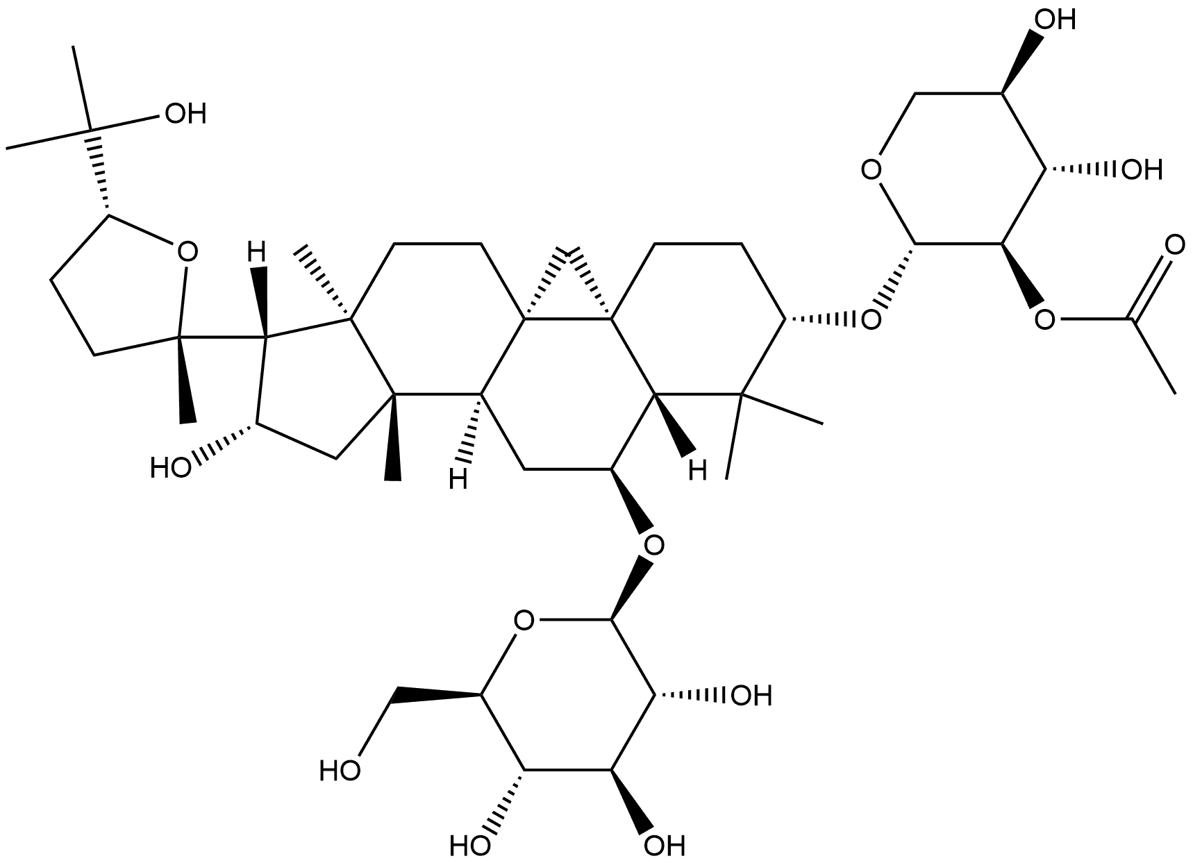 β-D-Glucopyranoside, (3β,6α,16β,24R)-3-[(2-O-acetyl-β-D-xylopyranosyl)oxy]-20,24-epoxy-16,25-dihydroxy-9,19-cyclolanostan-6-yl (9CI) Struktur