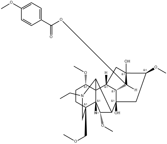 Aconitane-8,13,14-triol, 20-ethyl-1,6,16-trimethoxy-4-(methoxymethyl)-, 14-(4-methoxybenzoate), (1α,6α,14α,16β)- Struktur