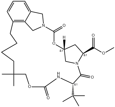 Methyl(1R,21S,24S)-21-tert--butyl-16,16-dimethyl-3,19,22-trioxo-2,18-dioxa-4,20,23-triazatetracyclo[21.2.1.1^4,7.0.^6,11]]heptacosa-6,8,10-triene-24-carboxylate Struktur