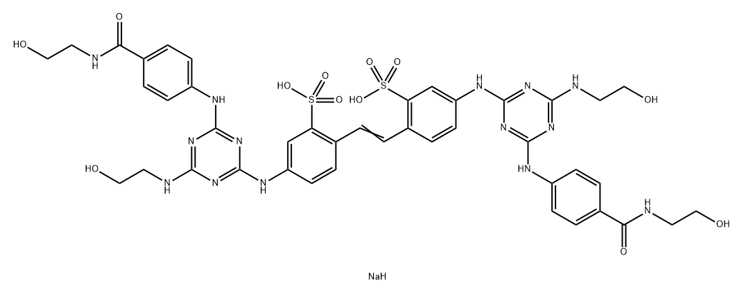 2,2'-(1,2-Ethenediyl)bis[5-[[4-[(2-hydroxyethyl)amino]-6-[[4-[[(2-hydroxyethyl)amino]carbonyl]phenyl]amino]-1,3,5-triazin-2-yl]amino] benzenesulfonic acid disodium salt Struktur