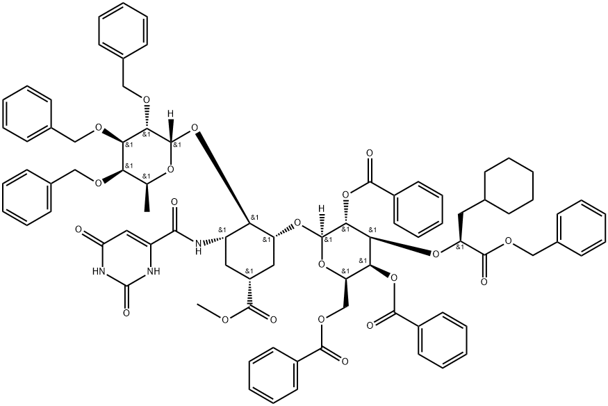 Methyl (1R,3S,4R,5R)-3-{[(2,6-dioxo-1,2,3,6-tetrahydropyrimidin-4-yl)carbonyl]amino}-5-({2,4,6-tri-O-benzoyl-3-O-[(2S)-1-(benzyloxy)-3-cyclohexyl-1-oxopropan-2-yl]-β-Dgalactopyranosyl}oxy)-4-[(2,3,4-tri-O-benzyl-6-deoxy-α-L-galactopyranosyl)oxy]cyclohexanecarboxylate Struktur