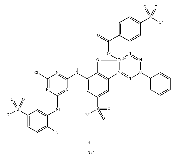 Cuprate, [2-[[[[3-[[4-chloro-6-[(2-chloro-5-sulfophenyl)amino]-1,3,5-triazin-2-yl]amino]-2-hydroxy-5-sulfophenyl] azo]phenylmethyl]azo]-4-sulfobenzoato]-, trisodium hydrogen Struktur