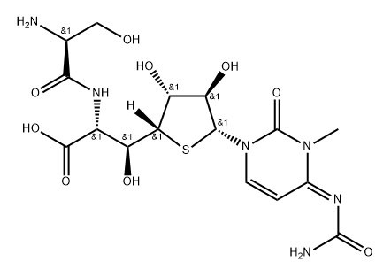 L-glycero-α-L-ido-Heptofuranuronic acid, 1-[4-[(aminocarbonyl)imino]-3,4-dihydro-3-methyl-2-oxo-1(2H)-pyrimidinyl]-6-[[(2S)-2-amino-3-hydroxy-1-oxopropyl]amino]-1,6-dideoxy-4-thio- Struktur