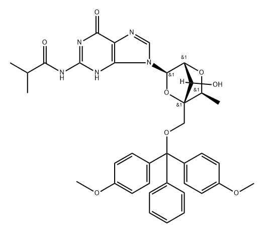 Propanamide, N-[9-[2,5-anhydro-4-C-[[bis(4-methoxyphenyl)phenylmethoxy]methyl]-6-deoxy-α-L-mannofuranosyl]-6,9-dihydro-6-oxo-1H-purin-2-yl]-2-methyl- Struktur