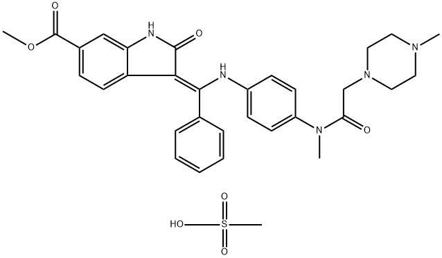 1H-Indole-6-carboxylic acid, 2,3-dihydro-3-[[[4-[methyl[2-(4-methyl-1-piperazinyl)acetyl]amino]phenyl]amino]phenylmethylene]-2-oxo-, methyl ester, (3Z)-, methanesulfonate, hydrate (2:2:1) Struktur