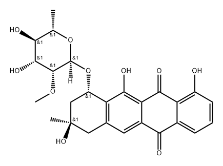 5,12-Naphthacenedione, 10-[(6-deoxy-2-O-methyl-α-L-mannopyranosyl)oxy]-7,8,9,10-tetrahydro-1,8,11-trihydroxy-8-methyl-, (8R,10S)- Struktur