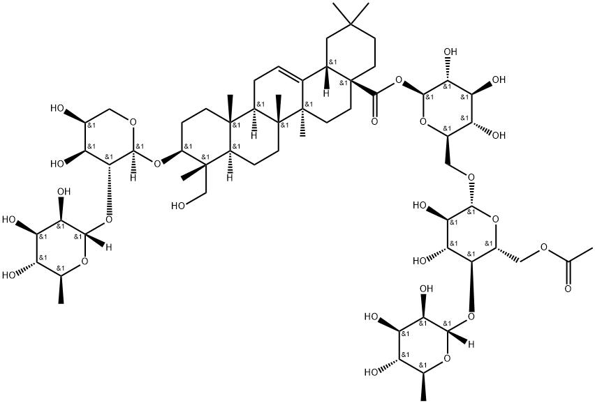 3β-[(2-O-α-L-Rhamnopyranosyl-α-L-arabinopyranosyl)oxy]-23-hydroxyoleana-12-ene-28-oic acid 6-O-(4-O-α-L-rhamnopyranosyl-6-O-acetyl-β-D-glucopyranosyl)-β-D-glucopyranosyl ester Struktur