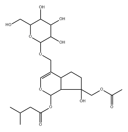 (-)-[(1S)-7α-Acetyloxymethyl-1,4aα,5,6,7,7aα-hexahydro-7β-hydroxy-1α-(3-methyl-1-oxobutoxy)cyclopenta[c]pyran-4-yl]methyl β-D-allopyranoside Struktur