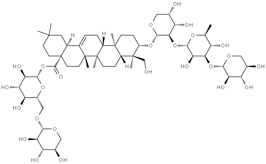 Olean-12-en-28-oic acid, 23-hydroxy-3-[(O-β-D-xylopyranosyl-(1→3)-O-6-deoxy-α-L-mannopyranosyl-(1→2)-α-L-arabinopyranosyl)oxy]-, 6-O-β-D-xylopyranosyl-β-D-glucopyranosyl ester, (3β,4α)- Struktur