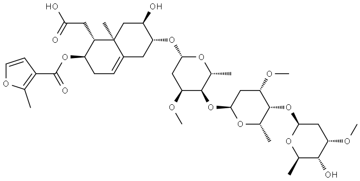 β-D-ribo-Hexopyranoside, (2R,3R,4aR,5R,6R)-5-(carboxymethyl)-1,2,3,4,4a,5,6,7-octahydro-3-hydroxy-4a-methyl-6-[[(2-methyl-3-furanyl)carbonyl]oxy]-2-naphthalenyl O-2,6-dideoxy-3-O-methyl-β-D-ribo-hexopyranosyl-(1→4)-O-2,6-dideoxy-3-O-methyl-α-L-lyxo-hexopyranosyl-(1→4)-2,6-dideoxy-3-O-methyl- Struktur