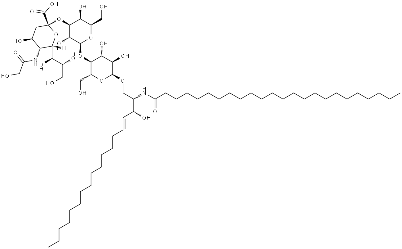 Tetracosanamide, N-[(1S,2R,3E)-2-hydroxy-1-[[[O-[N-(2-hydroxyacetyl)-β-neuraminosyl]-(2→3)-O-β-D-galactopyranosyl-(1→4)-α-D-glucopyranosyl]oxy]methyl]-3-heptadecen-1-yl]- Struktur