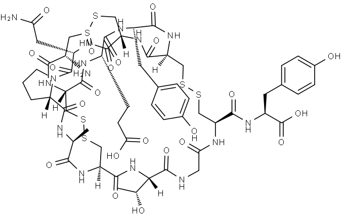 L-Tyrosine, L-cysteinyl-L-cysteinyl-L-α-glutamyl-L-tyrosyl-L-cysteinyl-L-cysteinyl-L-asparaginyl-L-prolyl-L-alanyl-L-cysteinyl-L-threonylglycyl-L-cysteinyl-, cyclic (1→6),(2→10),(5→13)-tris(disulfide), 1-S-oxide Struktur