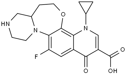 2H-Pyrazino[2,1-d]pyrido[3,2-i][1,5]benzoxazepine-9-carboxylic acid, 11-cyclopropyl-6-fluoro-1,3,4,8,11,13,14,14a-octahydro-8-oxo- Struktur