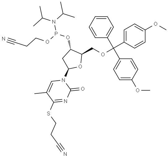 Thymidine, 5'-O-[bis(4-methoxyphenyl)phenylmethyl]-4-S-(2-cyanoethyl)-4-thio-, 3'-[2-cyanoethyl N,N-bis(1-methylethyl)phosphoramidite] Struktur