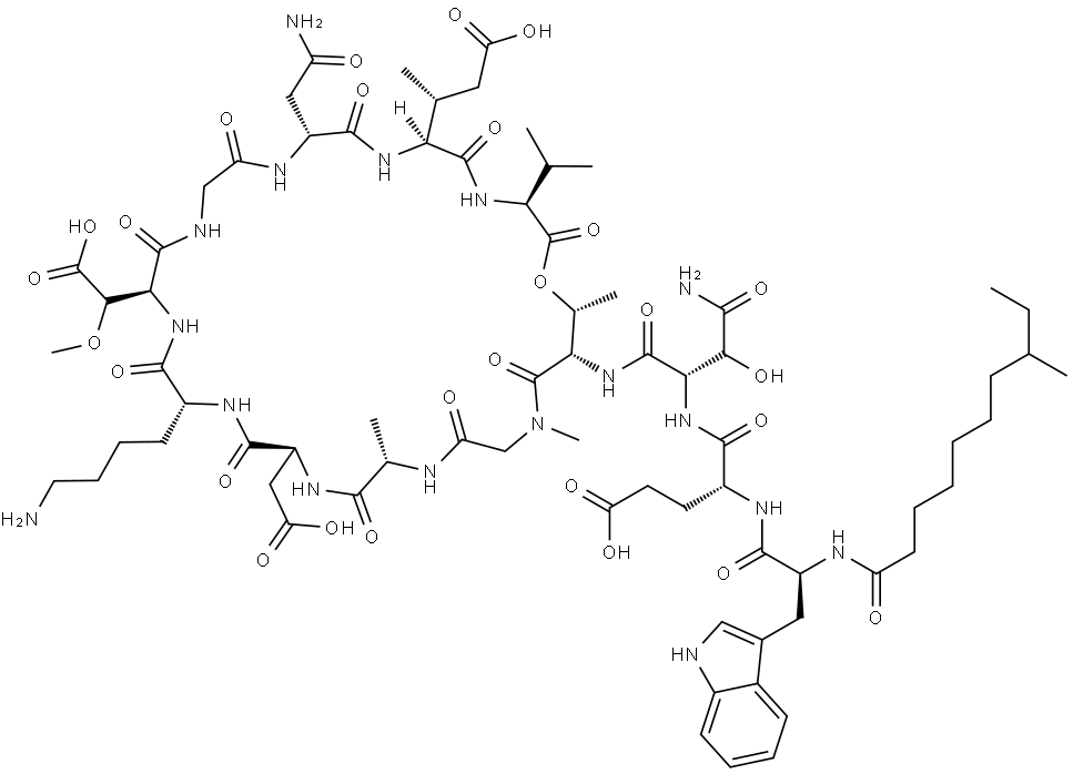 L-Valine, N-(8-methyl-1-oxodecyl)-L-tryptophyl-D-α-glutamyl-3-hydroxy-L-asparaginyl-L-threonyl-N-methylglycyl-L-alanyl-L-α-aspartyl-D-lysyl-3-methoxy-L-α-aspartylglycyl-D-asparaginyl-(3R)-3-methyl-L-α-glutamyl-, (13→4)-lactone Struktur