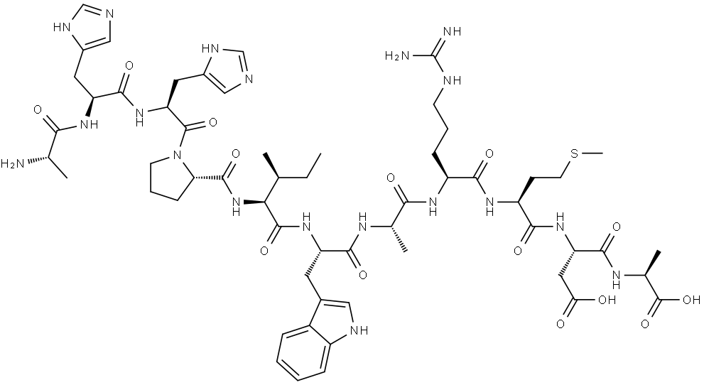 L-Alanine, L-alanyl-L-histidyl-L-histidyl-L-prolyl-L-isoleucyl-L-tryptophyl-L-alanyl-L-arginyl-L-methionyl-L-α-aspartyl- Struktur