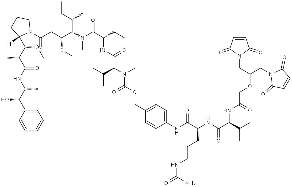 L-Valinamide, N-[[[4-[[N-[2-[2-(2,5-dihydro-2,5-dioxo-1H-pyrrol-1-yl)-1-[(2,5-dihydro-2,5-dioxo-1H-pyrrol-1-yl)methyl]ethoxy]acetyl]-L-valyl-N5-(aminocarbonyl)-L-ornithyl]amino]phenyl]methoxy]carbonyl]-N-methyl-L-valyl-N-[(1S,2R)-4-[(2S)-2-[(1R,2R)-3-[[(1R,2S)-2-hydroxy-1-methyl-2-phenylethyl]amino]... Struktur