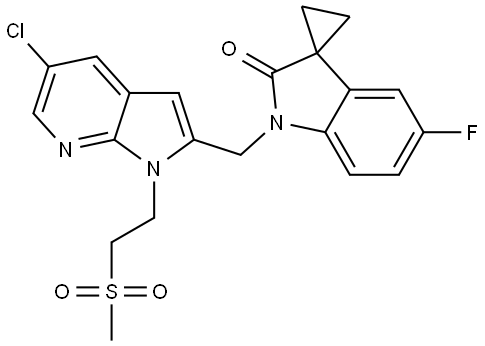 Spiro[cyclopropane-1,3′-[3H]indol]-2′(1′H)-one, 1′-[[5-chloro-1-[2-(methylsulfonyl)ethyl]-1H-pyrrolo[2,3-b]pyridin-2-yl]methyl]-5′-fluoro- Struktur