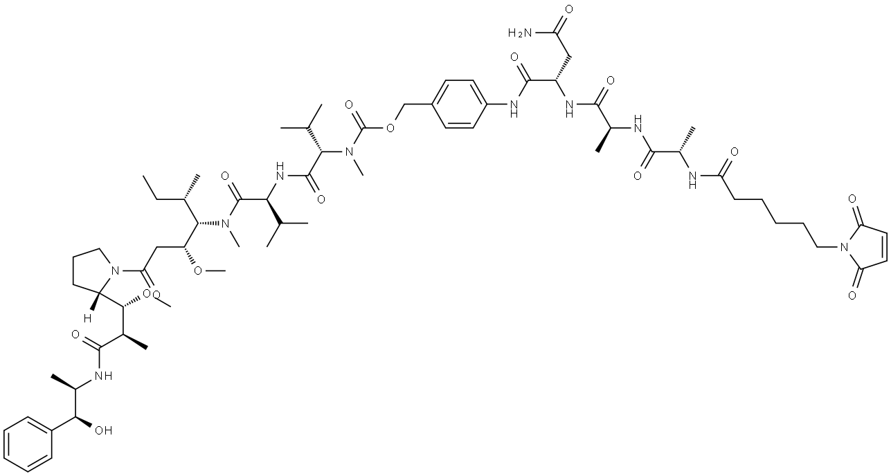 L-Valinamide, N-[[[4-[[N-[6-(2,5-dihydro-2,5-dioxo-1H-pyrrol-1-yl)-1-oxohexyl]-L-alanyl-L-alanyl-L-asparaginyl]amino]phenyl]methoxy]carbonyl]-N-methyl-L-valyl-N-[(1S,2R)-4-[(2S)-2-[(1R,2R)-3-[[(1R,2S)-2-hydroxy-1-methyl-2-phenylethyl]amino]-1-methoxy-2-methyl-3-oxopropyl]-1-pyrrolidinyl]-2-methoxy-1... Struktur