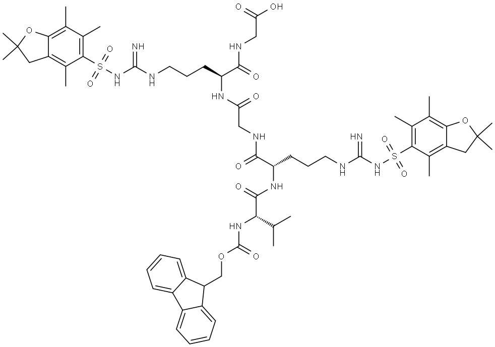 Fmoc-Val-Arg(Pbf)-Gly-Arg(Pbf)-Gly-OH Struktur