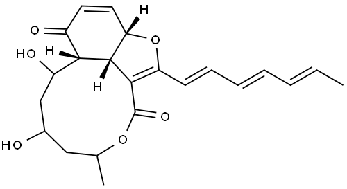 3H,10H-Furo[2,3,4-mn][3]benzoxecin-3,10-dione, 2-(1E,3E,5E)-1,3,5-heptatrienyl-5,6,7,8,9,9a,12a,12b-octahydro-7,9-dihydroxy-5-methyl-, (9aR,12aS,12bS)-(+)- Struktur