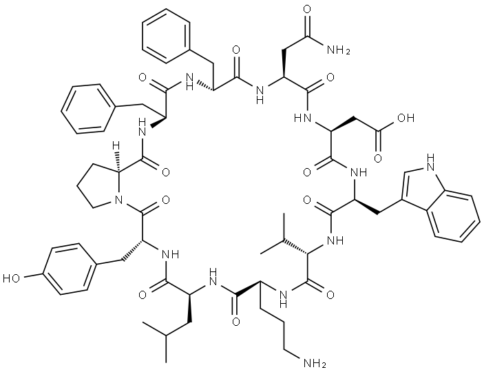 Cyclo(L-asparaginyl-L-α-aspartyl-L-tryptophyl-L-valyl-L-ornithyl-L-leucyl-D-tyrosyl-L-prolyl-L-phenylalanyl-D-phenylalanyl) Struktur