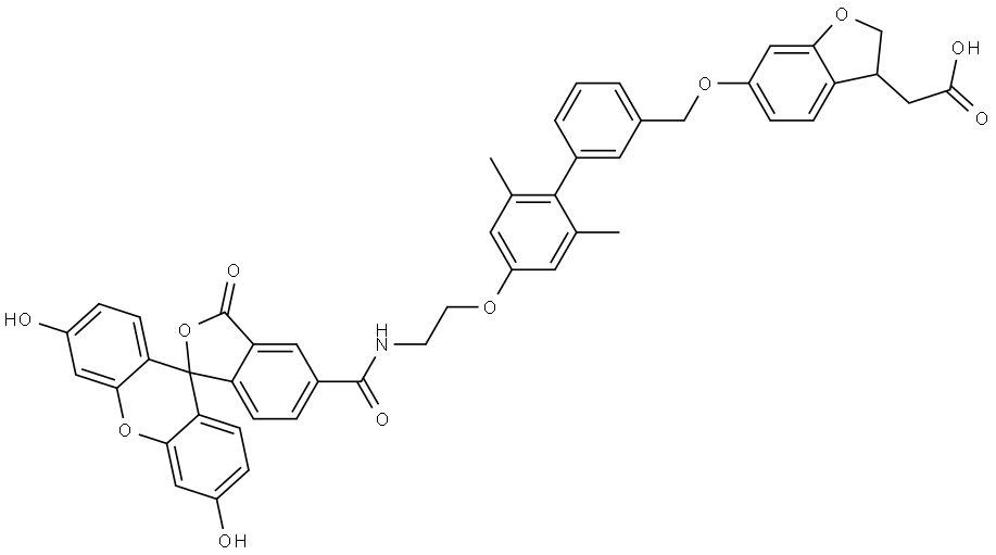 (S)-5-((2-((3'-(((3-(carboxymethyl)-2,3-dihydrobenzofuran-6-yl)oxy)methyl)-2,6-dimethyl-[1,1'-biphenyl]-4-yl)oxy)ethyl)carbamoyl)-2-(6-hydroxy-3-oxo-3H-xanthen-9-yl)benzoic acid Struktur