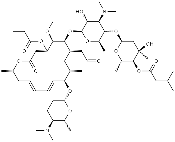 Leucomycin V, 9-O-[(2R,5S,6R)-5-(dimethylamino)tetrahydro-6-methyl-2H-pyran-2-yl]-, 4B-(3-methylbutanoate) 3-propanoate Struktur