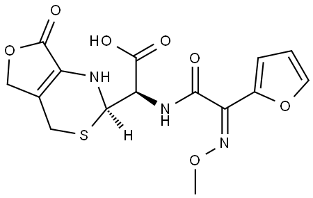 4H-Furo[3,4-d][1,3]thiazine-2-acetic acid, α-[[(2Z)-2-furanyl(methoxyimino)acetyl]amino]-1,2,5,7-tetrahydro-7-oxo-, (αR,2R)- Struktur