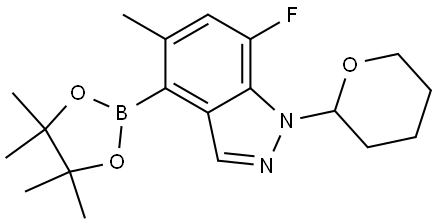 1H-Indazole, 7-fluoro-5-methyl-1-(tetrahydro-2H-pyran-2-yl)-4-(4,4,5,5-tetramethyl-1,3,2-dioxaborolan-2-yl)- Struktur