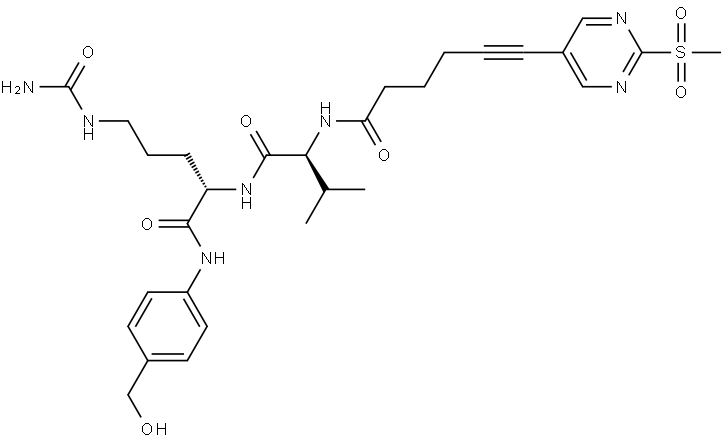 6-(2-(methylsulfonyl)pyrimidin-5-yl)hex-5-ynoic-Val-Cit-PAB Struktur