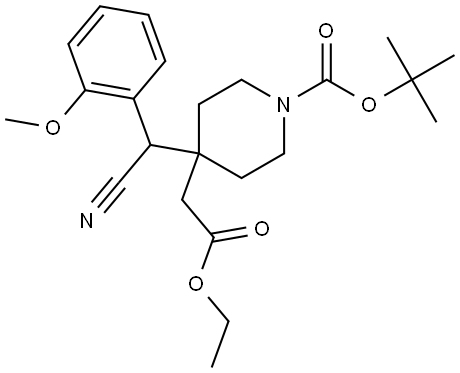 tert-butyl 4-(cyano(2-methoxyphenyl)methyl)-4-(2-ethoxy-2-oxoethyl)piperidine-1-carboxylate Struktur