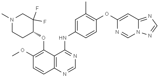 5-[[(4R)-3,3-difluoro-1-methyl-4-piperidyl]oxy]-6-methoxy-N-[3-methyl-4-([1,2,4]triazolo[1,5-c]pyrimidin-7-yloxy)phenyl]quinazolin-4-amine Struktur