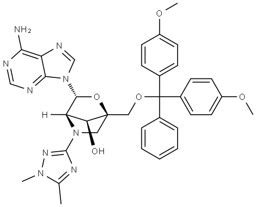 2-Oxa-5-azabicyclo[2.2.1]heptan-7-ol, 3-(6-amino-9H-purin-9-yl)-1-[[bis(4-methoxyphenyl)phenylmethoxy]methyl]-5-(1,5-dimethyl-1H-1,2,4-triazol-3-yl)-, (1R,3R,4R,7S)- Struktur