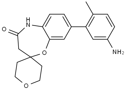 Spiro[1,5-benzoxazepine-2(3H),4′-[4H]pyran]-4(5H)-one, 8-(5-amino-2-methylphenyl)-2′,3′,5′,6′-tetrahydro- Struktur