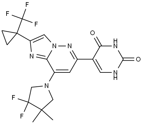 5-(8-(3,3-difluoro-4,4-dimethylpyrrolidin-1-yl)-2-(1-(trifluoromethyl)cyclopropyl)imidazo[1,2-b]pyridazin-6-yl)pyrimidine-2,4(1H,3H)-dione Struktur