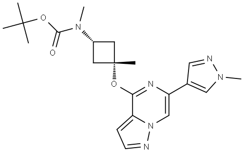 tert-butyl methyl((1s,3s)-3-methyl-3-((6-(1-methyl-1H-pyrazol-4-yl)pyrazolo[1,5-a]pyrazin-4-yl)oxy)cyclobutyl)carbamate Struktur