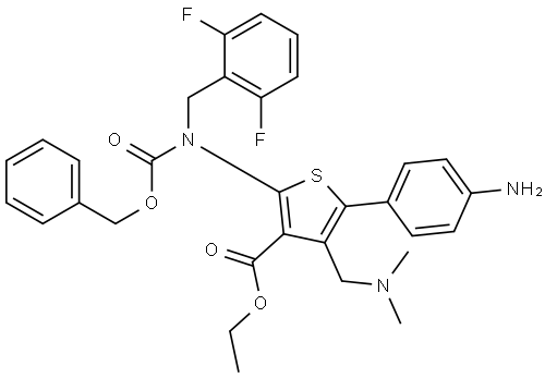 ethyl 5-(4-aminophenyl)-2-(((benzyloxy)carbonyl)(2,6-difluorobenzyl)amino)-4-((dimethylamino)methyl)thiophene-3-carboxylate Struktur