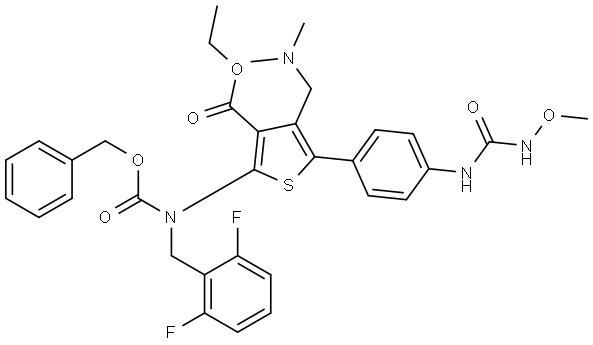 ethyl 2-(((benzyloxy)carbonyl)(2,6-difluorobenzyl)amino)-4-((dimethylamino)methyl)-5-(4-(3-methoxyureido)phenyl)thiophene-3-carboxylate Struktur