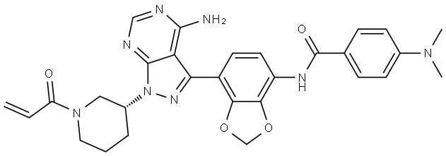 Benzamide, N-[7-[4-amino-1-[(3R)-1-(1-oxo-2-propen-1-yl)-3-piperidinyl]-1H-pyrazolo[3,4-d]pyrimidin-3-yl]-1,3-benzodioxol-4-yl]-4-(dimethylamino)- Struktur