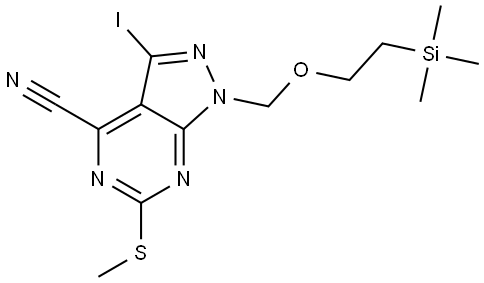 1H-Pyrazolo[3,4-d]pyrimidine-4-carbonitrile, 3-iodo-6-(methylthio)-1-[[2-(trimethylsilyl)ethoxy]methyl]- Struktur