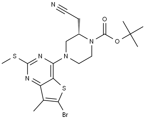 tert-butyl (S)-4-(6-bromo-7-methyl-2-(methylthio)thieno[3,2-d]pyrimidin-4-yl)-2-(cyanomethyl)piperazine-1-carboxylate Struktur