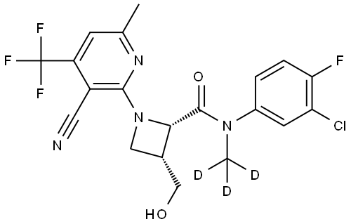 (2S,3R)-N-(3-chloro-4-fluorophenyl)-1-(3-cyano-6-methyl-4-(trifluoromethyl)pyridin-2-yl)-3-(hydroxymethyl)-N-(methyl-d3)azetidine-2-carboxamide Struktur